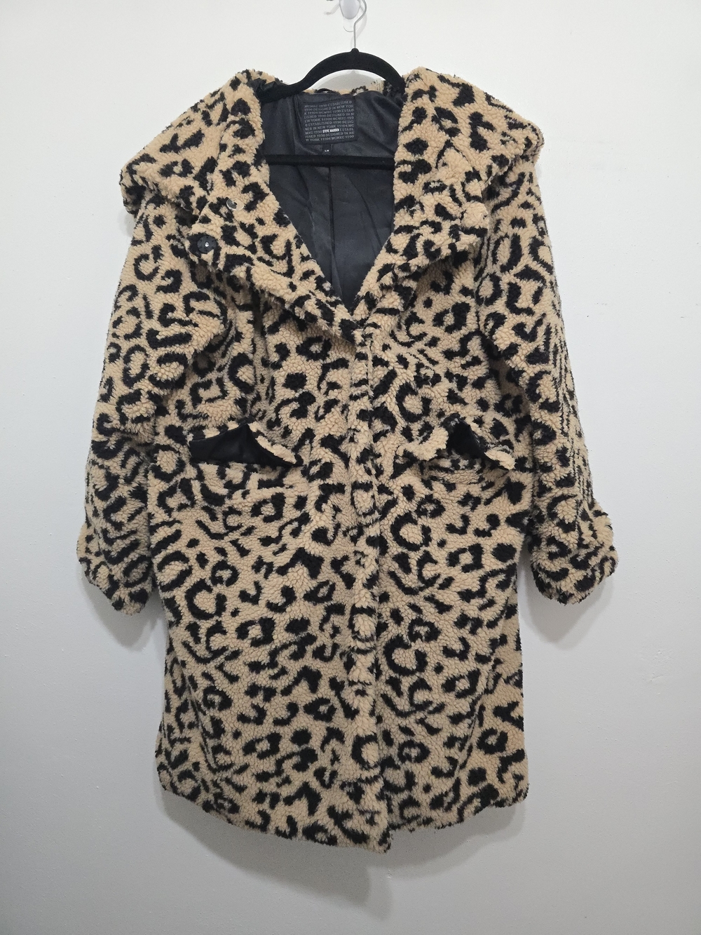 Steve Madden Leopard Faux Shearling Hooded Coat - Beige & Black